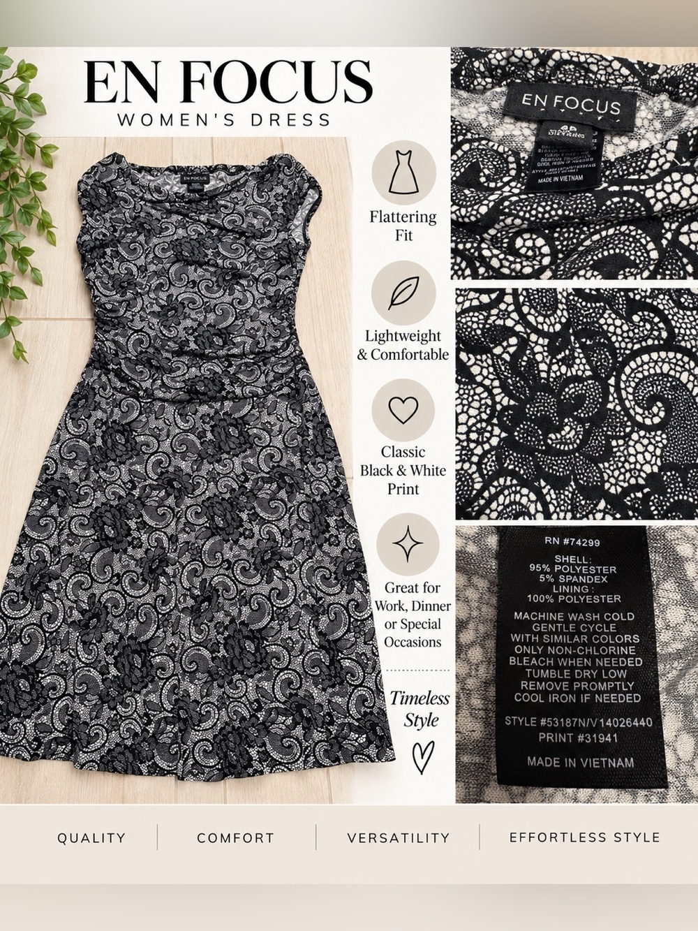 Enfocus Studio Black & White Lace-Style Cap Sleeve Dress